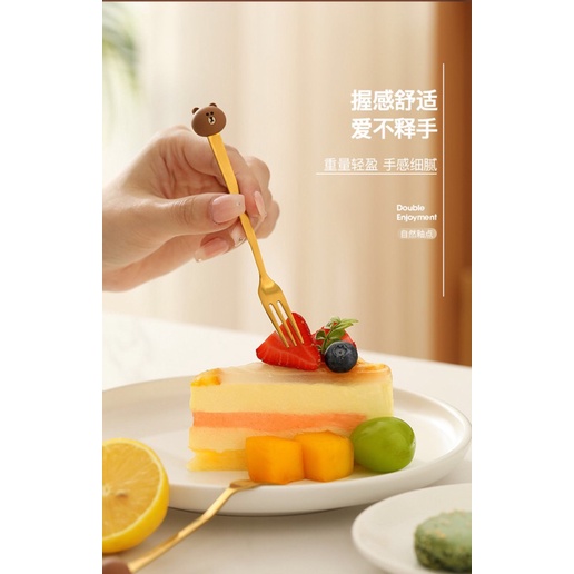 LINE FRIENDS bộ dĩa nĩa xiên trái cây xinh sắn gấu Brown, vịt Sally bằng thép không gỉ 304