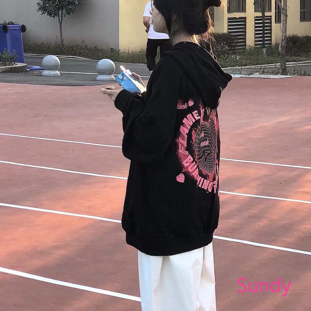 Áo hoodie màu đen lót nhung dày dặn thời trang mùa đông phong cách Hàn Quốc dành cho nữ