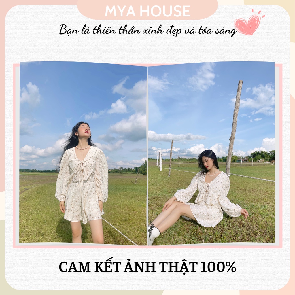 Set áo crop voan hoa nhí cổ v short giả váy chất liệu mềm mát phong cách dễ thương trẻ trung Hàn Quốc