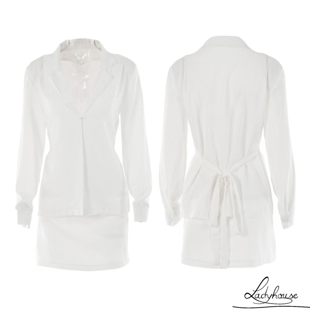 Set Áo Sơ Mi Tay Dài Cổ Bẻ Màu Trơn + Chân Váy Mini Màu Trắng / Đen / Nâu Thời Trang Mùa Hè Cho Nữ