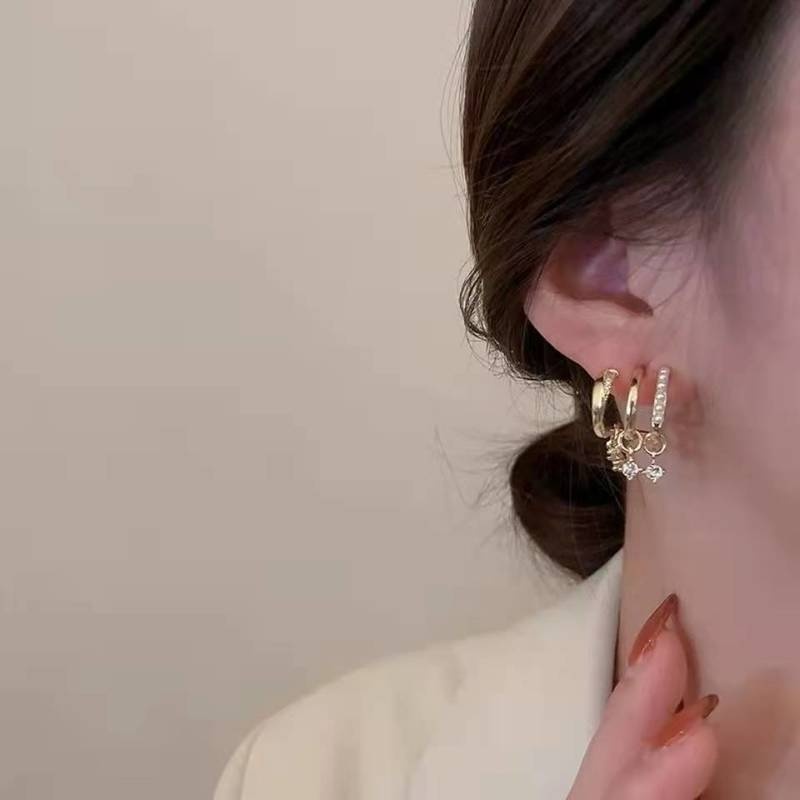 Bông Tai Nhiều Lớp Đính Đá Zircon / Ngọc Trai Thanh Lịch Thời Trang Hàn Quốc Cho Nữ