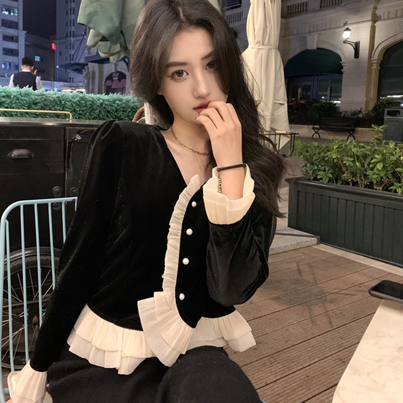 Áo cardigan kiểu SUXI tay dài cổ chữ V ôm dáng vừa vặn vải nhung phong cách Hàn Quốc vintage dành cho nữ