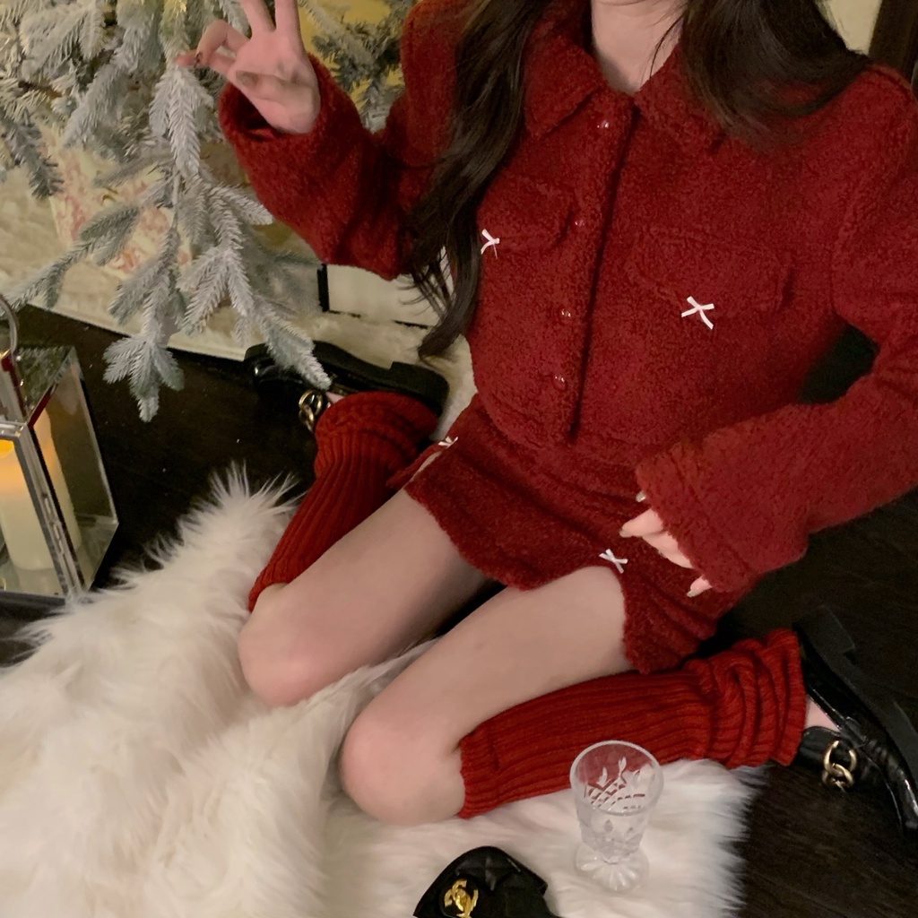 Set áo khoác croptop len lông đỏ tay dài sơ mi noel tết thu đông dày ấm cổ  hở eo + váy ôm ngắn lưng cao kèm vớ ulzzang