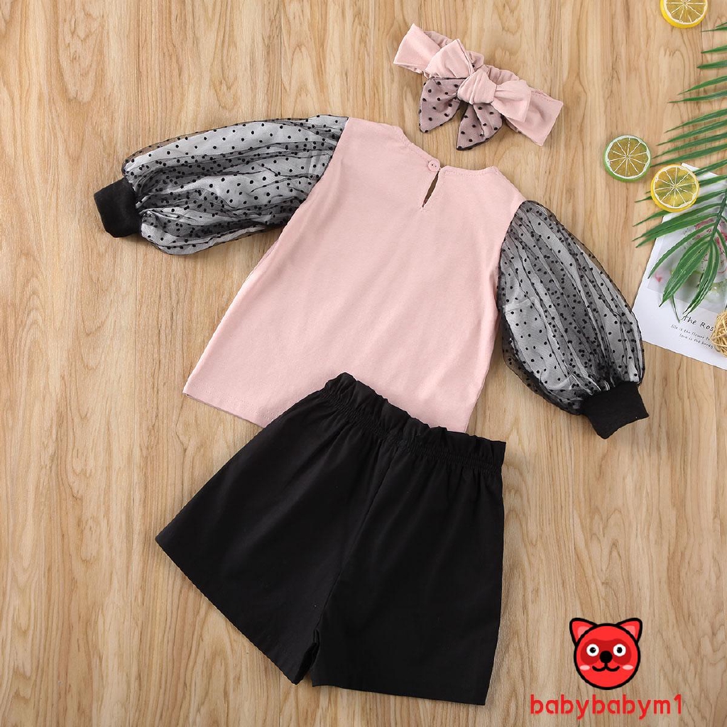 ✨QDA-Toddler Kids Baby Girl Lace Mesh Puff Sleeve Tops T-shirt + Shorts Pants + Headband Outfits Clothes 1-6Y