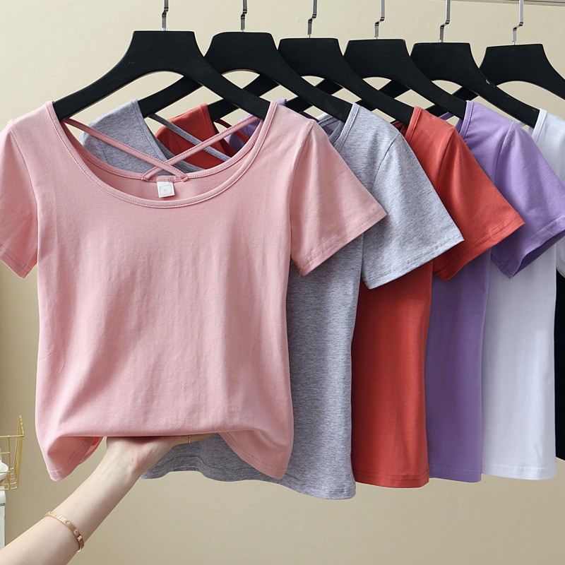 Áo croptop nữ trơn cotton cổ lưng đan chéo phong cách Hàn Quốc - LUT