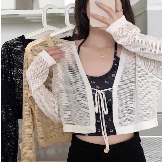 Áo khoác cadigan len lưới croptop tay dài nữ kiểu dệt kim mỏng chống nắng đi biển phong cách Hàn Quốc trẻ trung
