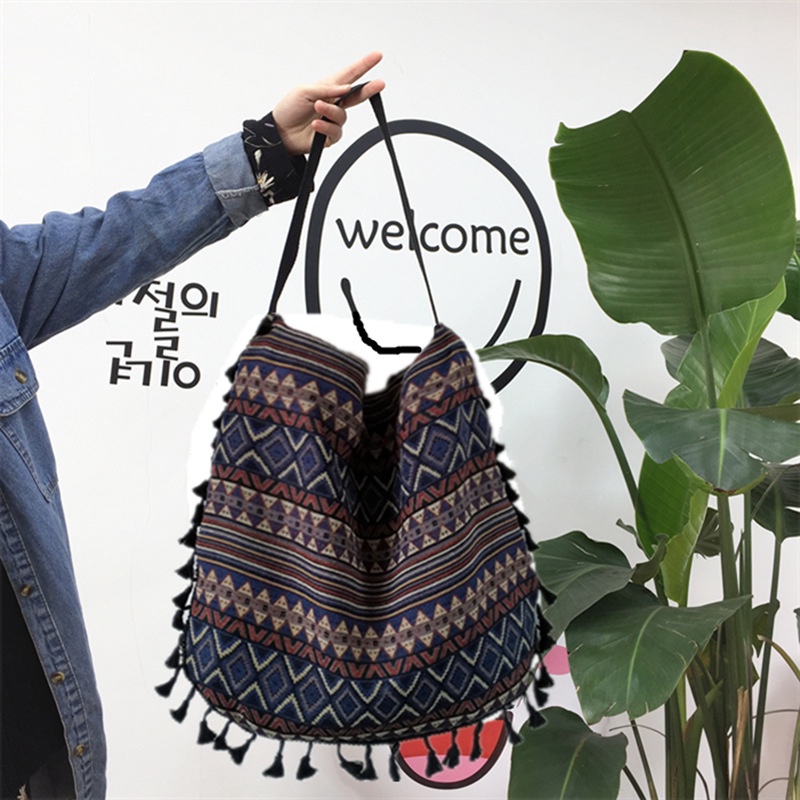 Túi Xách Đeo Vai Bằng Vải Lanh Cotton Phối Tua Rua Phong Cách Dân Tộc Thời Trang Hàn Quốc Mới Cho Nữ