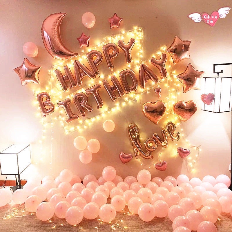 Combo Set Bóng Bay Sinh Nhật Màu Hồng MS89 + Tặng Đèn Sáng Ấm