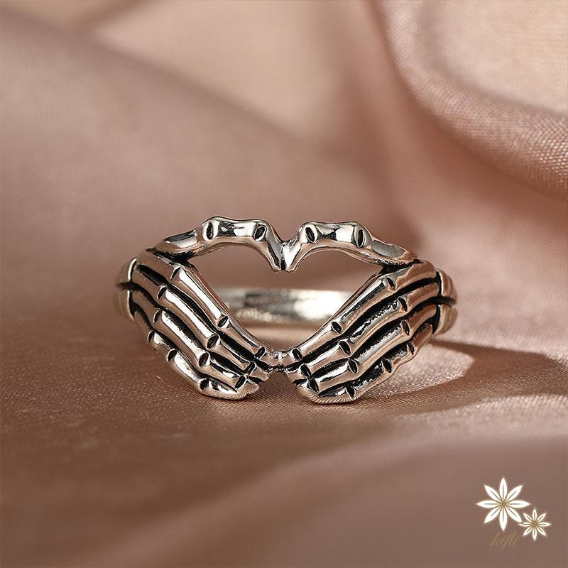 Nhẫn bằng kim loại mạ bạc hình xương bàn tay phong cách hiphop Hàn Quốc thời trang