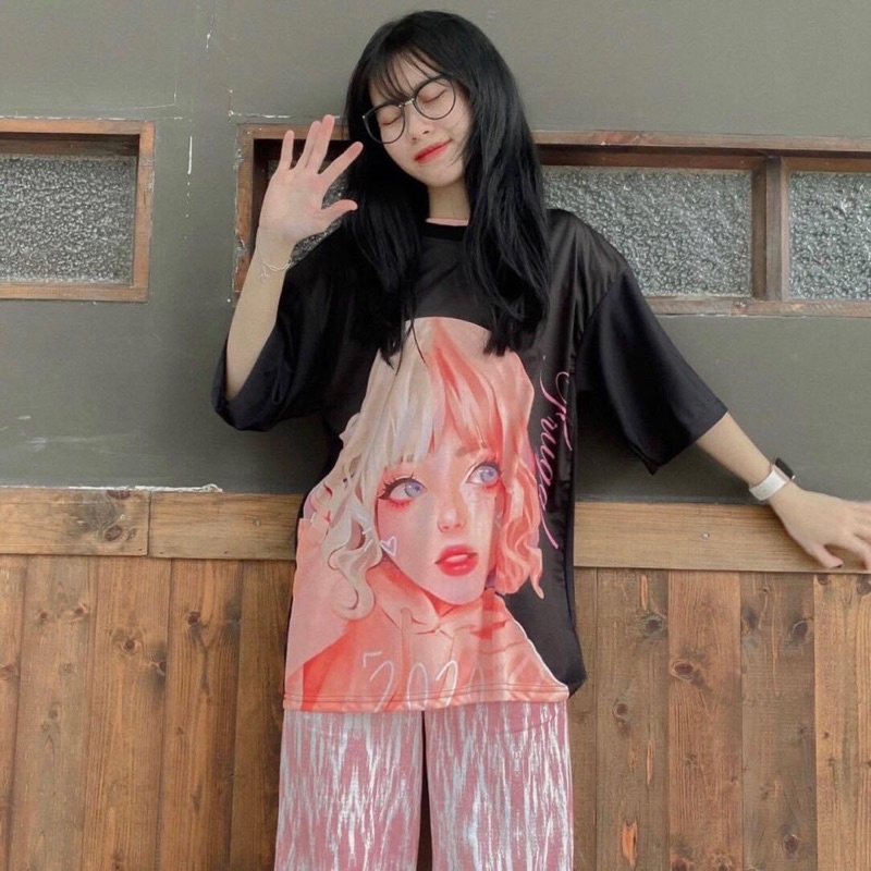 Set Bộ Quần LongPant 3D Sọc Hoạ Tiết Áo Thun Tay Lở Cô Gái Ảnh Thật