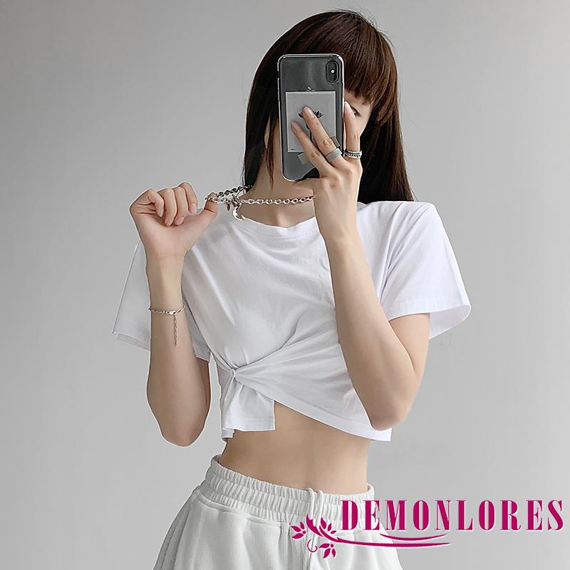 Áo Thun Croptop Ngắn Tay Cổ Tròn Màu Trơn Thiết Kế Độc Đáo Thời Trang Cho Nữ
