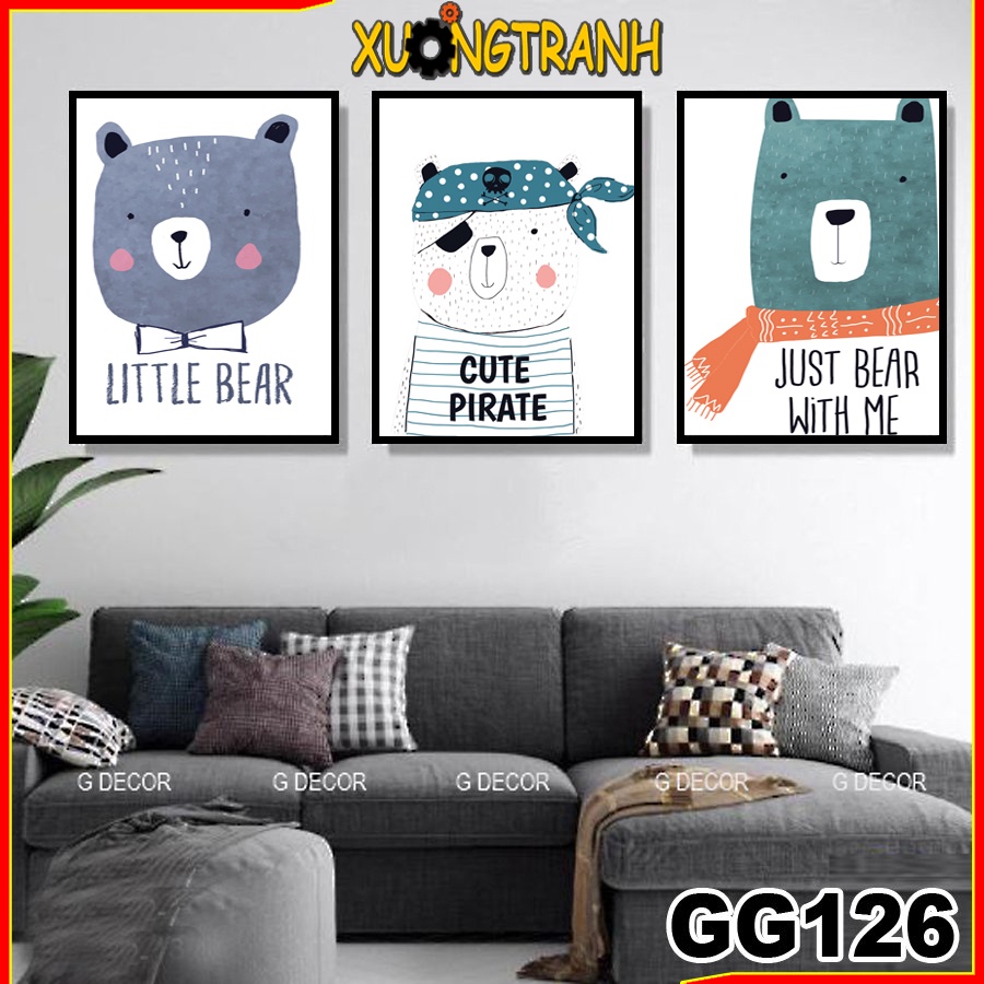 Tranh treo tường canvas 3 bức phong cách Bắc Âu 126, tranh hoạt hình trang trí phòng khách, phòng ngủ, phòng ăn