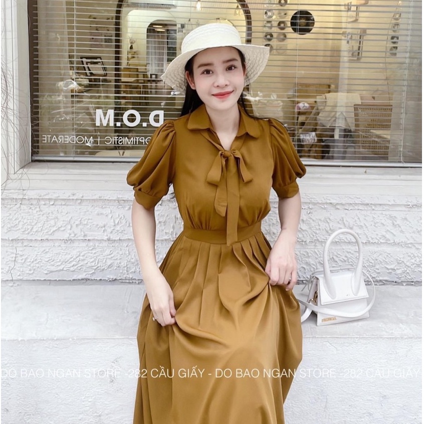 Váy sơ mi nâu tây tiểu thư thắt eo dáng dài DN123
