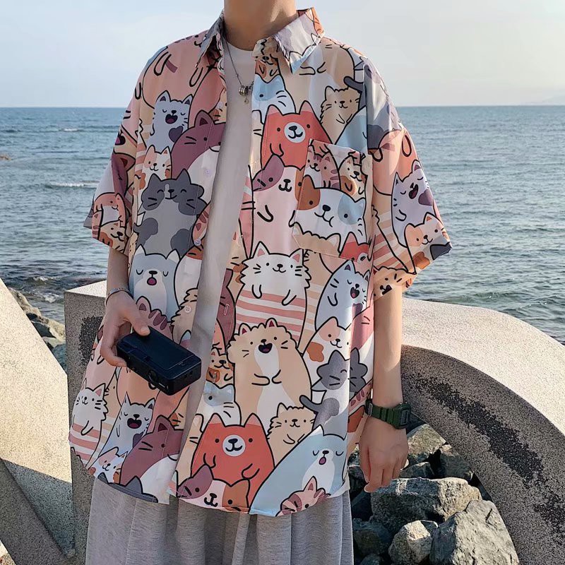 Hawaiian Style Cat Printed Short Sleeve Shirt For Men