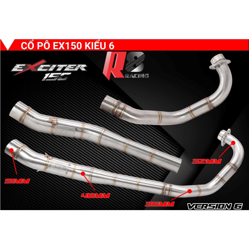 Cổ pô tăng  R8 RACING EX150 / Y15ZR INOX304