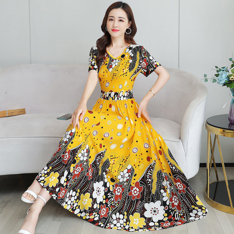 Dress 2021 new summer mother's imitation ice silk waist shows thin and noble, foreign style, over the knee big swing printing | BigBuy360 - bigbuy360.vn
