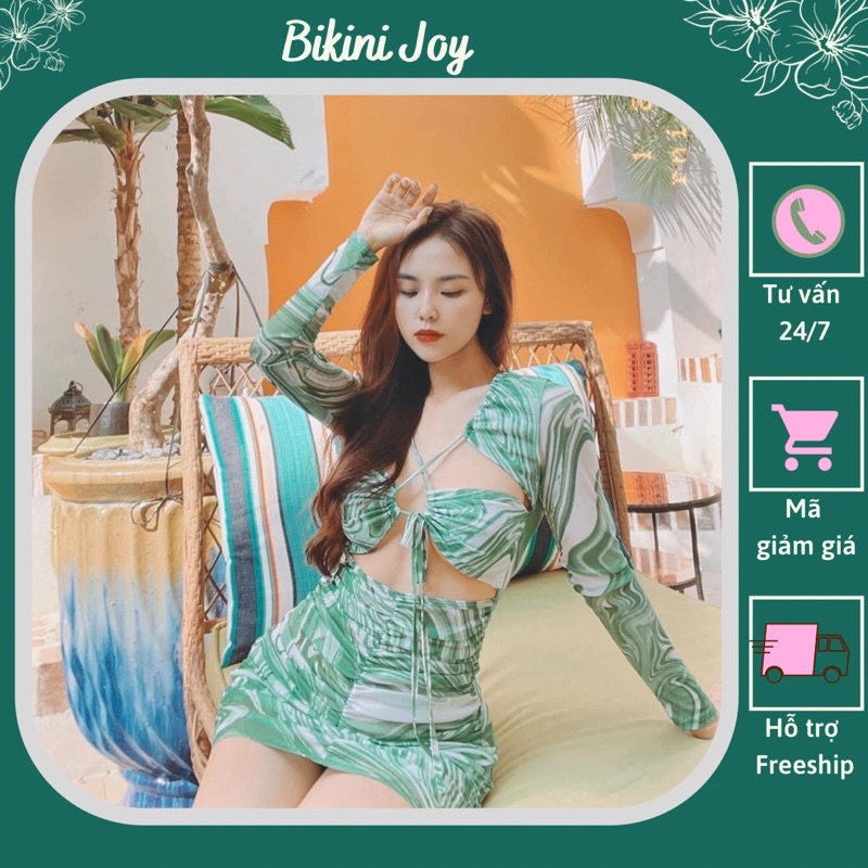 [ CHẤT CAO CẤP] Bikini liền thân tay dày, hoạ tiết loang xanh có quần chíp