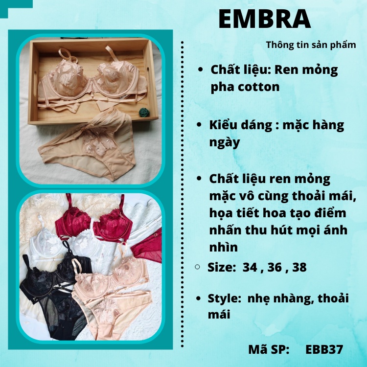 Bộ lót mỏng gọng dây ngực họa tiết hoa EBB37