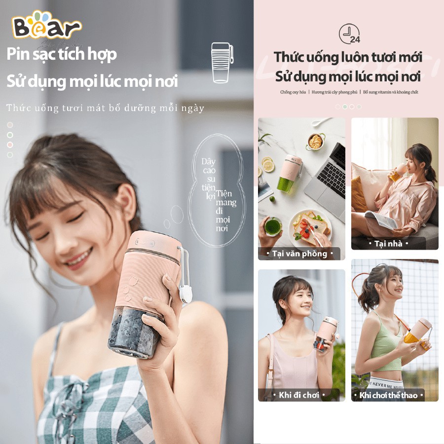 Máy Xay Sinh Tố Bear, Máy Xay Hoa Quả,Cầm Tay Đa Năng -Sạc Pin, Dung Tích 400ML, Bảo Hành 18 Tháng LLJ-B03C1