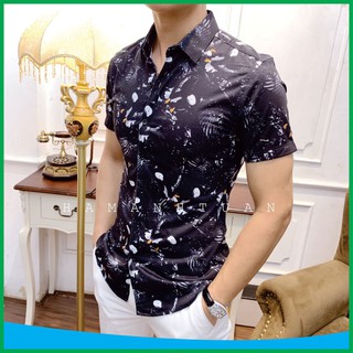 O sơ mi nam cộc tay họa tiết 2 màu trắng,đen vải lụa cao cấp ptv-fashion