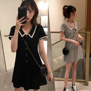 (Order) M-4XL Đầm cổ V bẻ viền màu phối cúc siêu xinh