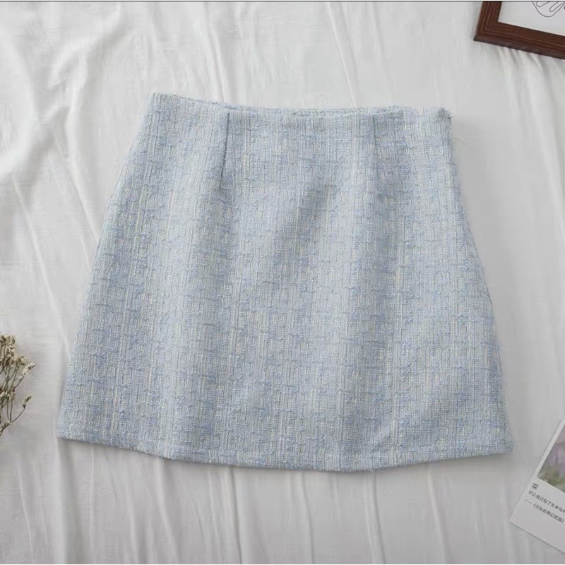 PINKYLA - SET Chân váy xanh ngắn Tweed  - kiểu ZARA