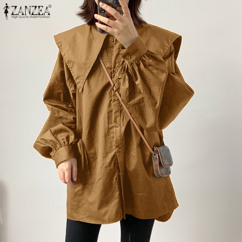 Áo kiểu ZANZEA dáng rộng tay phồng ve áo lớn kiểu xếp ly có dây rút màu trơn phong cách vintage cho nữ