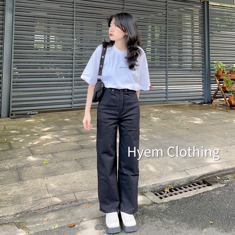 Quần jean kaki nữ lưng siêu cao dáng ống rộng màu đen, hàng cao cấp - Ms03