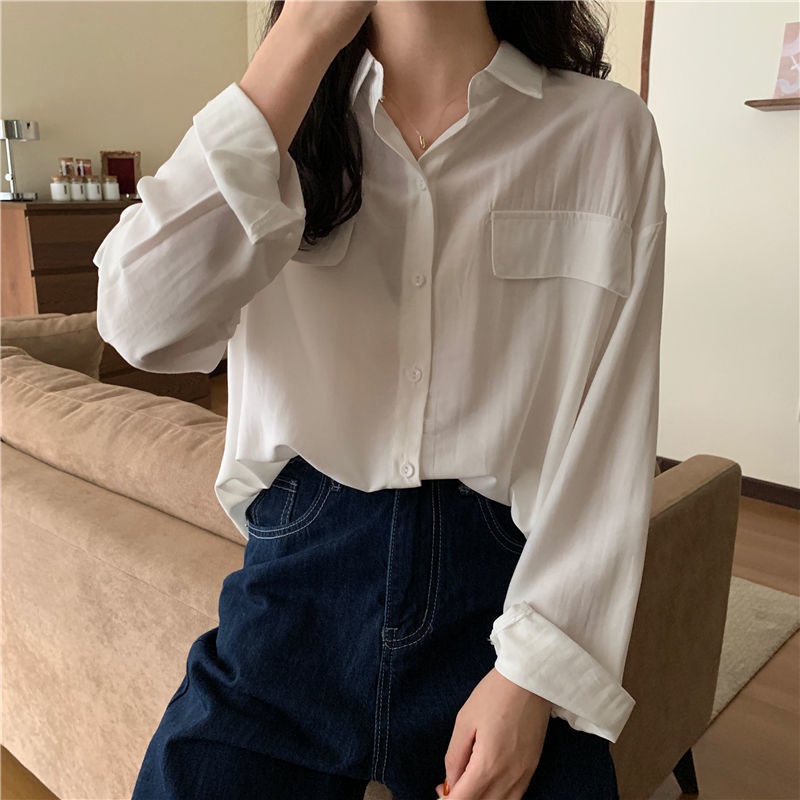 Áo Sơ Mi Nữ Dài Tay Cổ Bẻ Form Rộng Màu Trơn Thời Trang Hàn