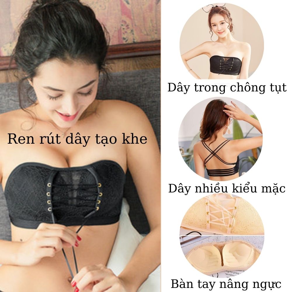Áo cúp ngực, áo lót ren rút dây đệm  bàn tay nâng ngực tặng kèm daaytrong phù hợp mặc áo hở lưng trẽ vai lotitilo