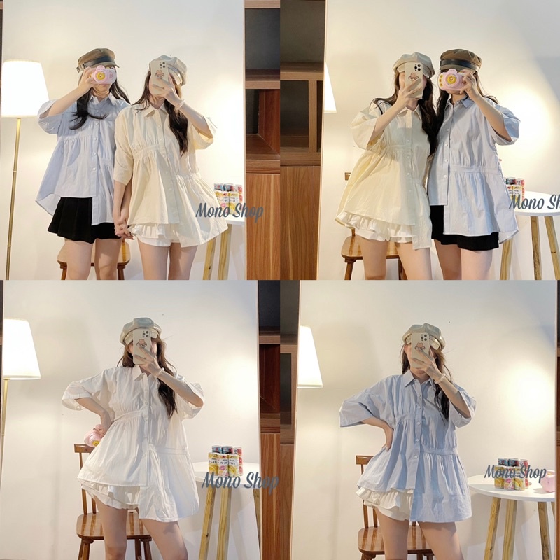 [Mã SKAMLTSM9 giảm 10% đơn 99K] Áo sơ mi cộc tay vạt lệch nhún cách điệu, áo babydoll nhún eo (ảnh thật/sẵn)