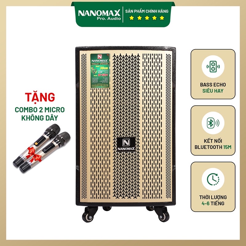 Loa Kẹo Kéo Karaoke Nanomax Bluetooth K-12X 2022 Bass 30 Tặng 2 Mic Không Dây