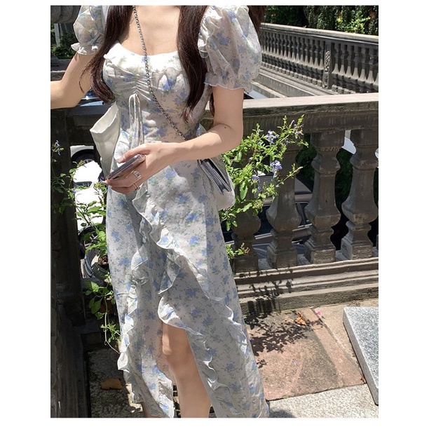 ĐẦM MIDI HOA XANH XẺ ĐÙI PHỐI BÈO