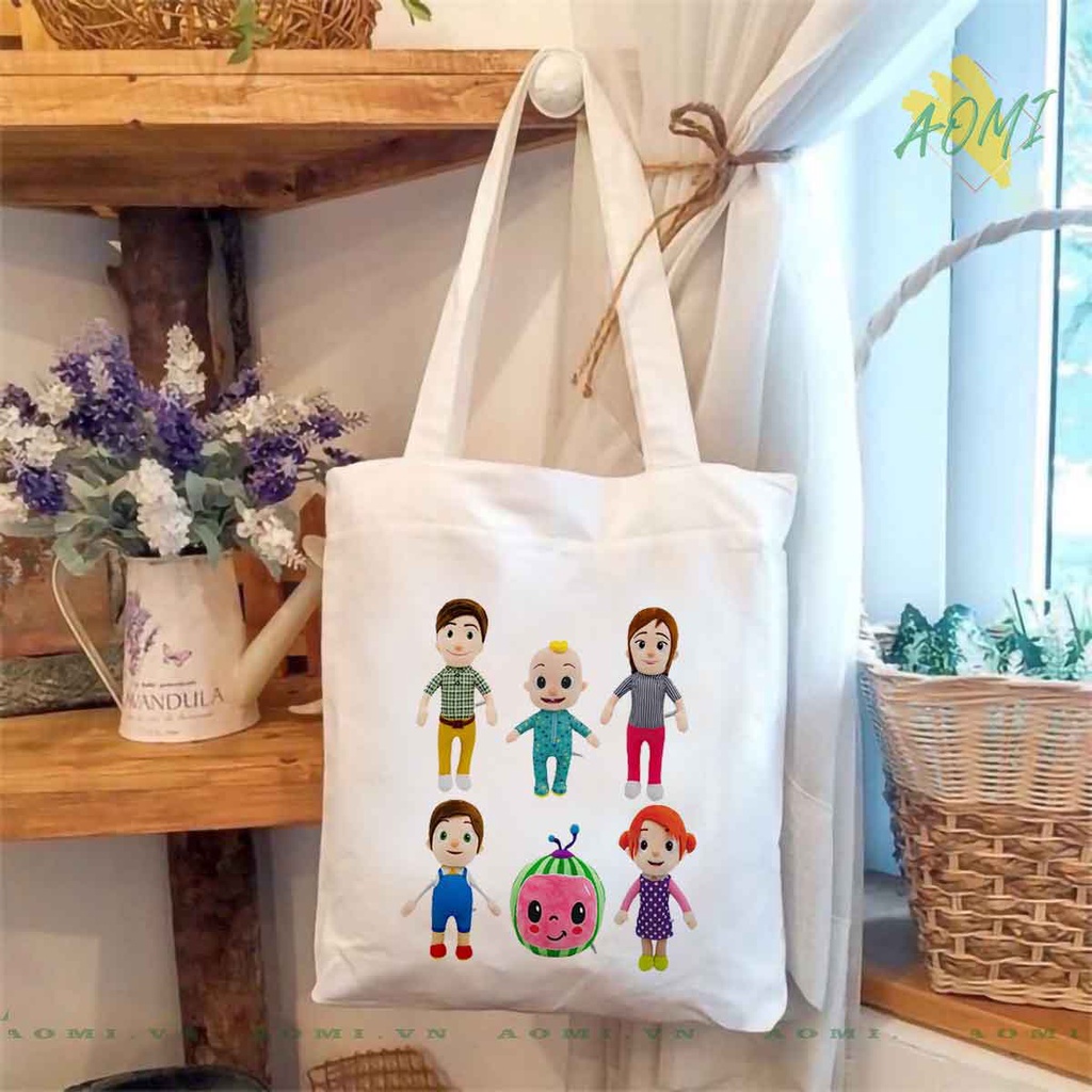 TOTE CANVAS COCOMELON TÚI VẢI ĐEO VAI BAG CÓ KHÓA KÉO SIZE LỚN 33x38cm AOMIVN DU LỊCH DẠO PHỐ