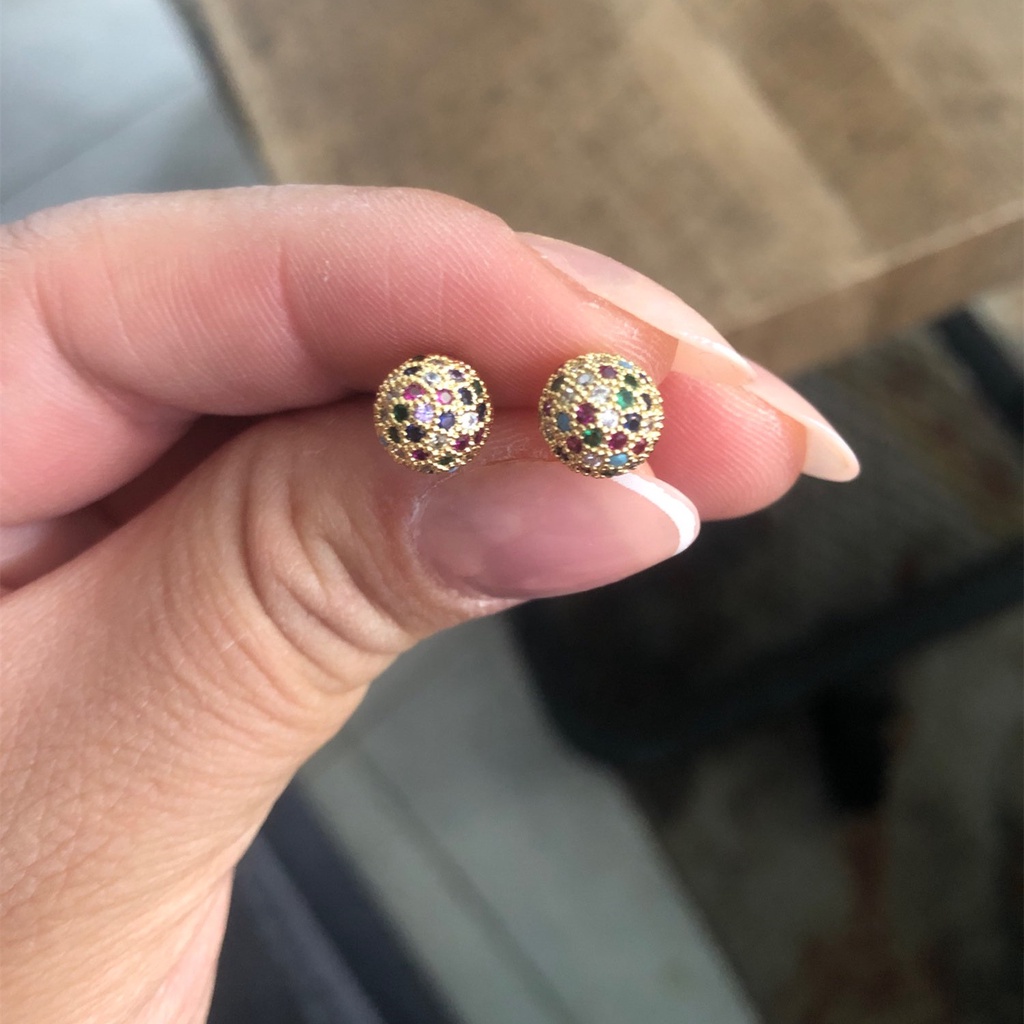 Hàng Mới Về Bông Tai Đính Đá Zircon 8mm Nhiều Màu Sắc Cầu Vồng