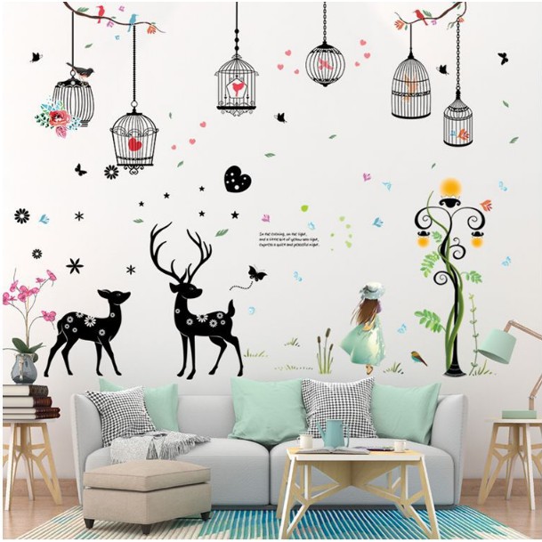 COMBO 3 DECAL GHÉP ĐÔI DÁN TƯỜNG - DÂY LỒNG CHIM KẾT HỢP CẶP NAI ĐEN VÀ BÉ GÁI ĐÁNG YÊU ( 3 TẤM )
