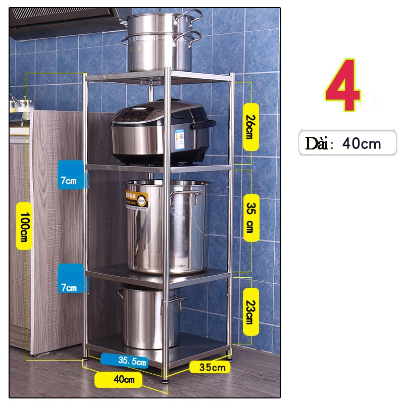Kệ Inox 4 Tầng Kệ Để Đồ Nhà Bếp Đa Năng Chịu Lực 300kg Tiện Lợi Màu Bạc.