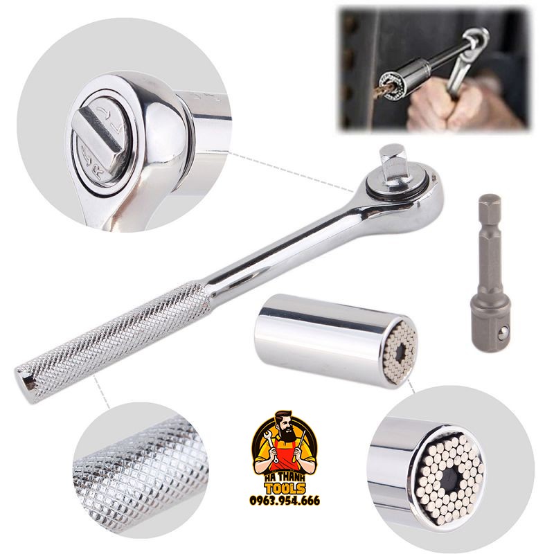 Bộ đầu khẩu đa năng lắp máy khoan vặn ốc từ 7-19mm siêu tiện lợi - Thêm Tay vặn đảo chiều