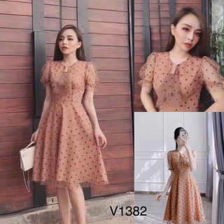 Đầm dáng xòe chấm bi cổ thắt nơ cao cấp V1382 Mie Design kèm ảnh thật