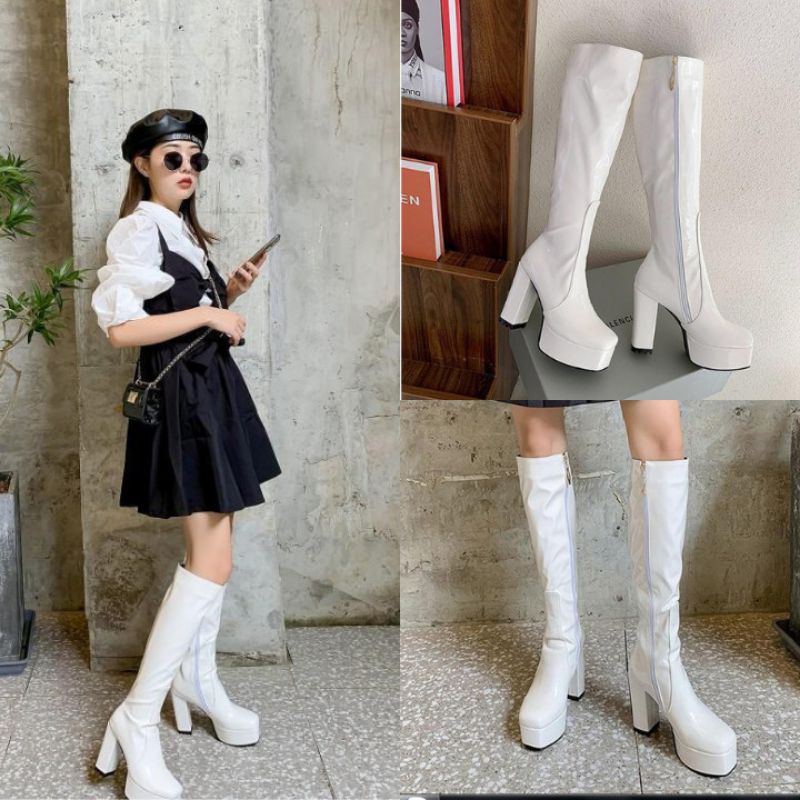 Boot ngang gối da bóng đế 12cm màu trắng GBCL-22W
