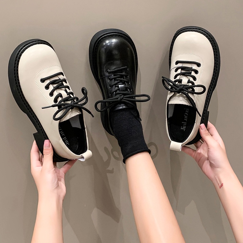 Giày Da Đế Dày Màu Trơn Phong Cách retro Anh Quốc Cho Nữ