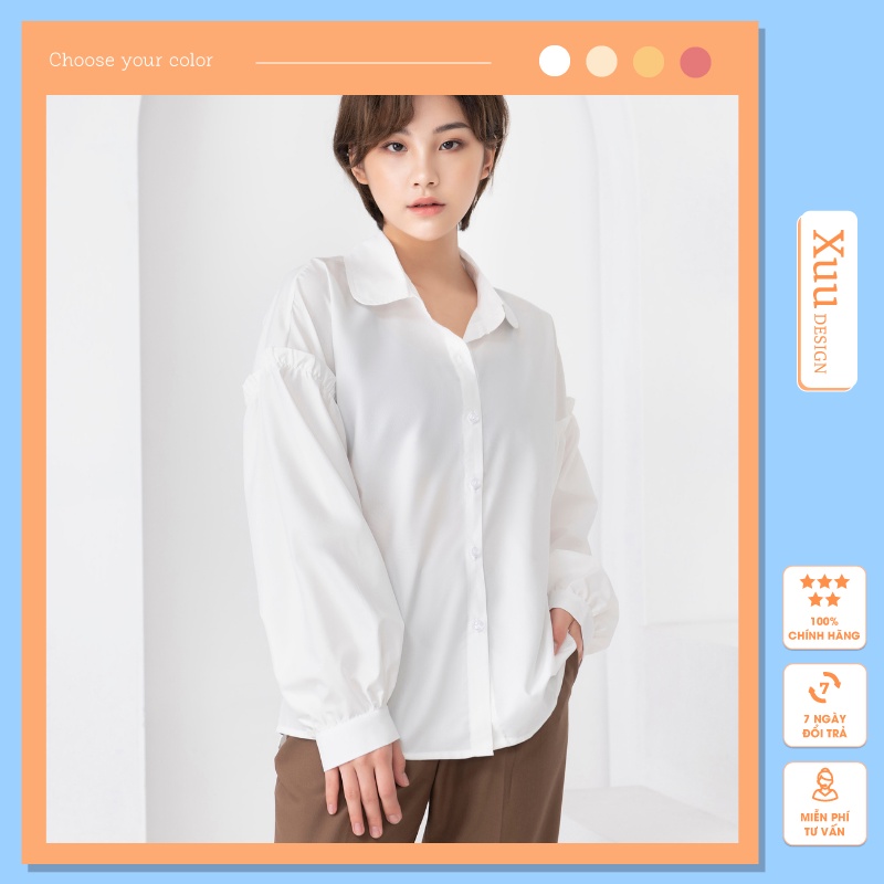 Áo sơ mi nữ tay bồng Xuu Design, Áo so mi trắng dáng rộng freesize chất vải tơ mềm SM13