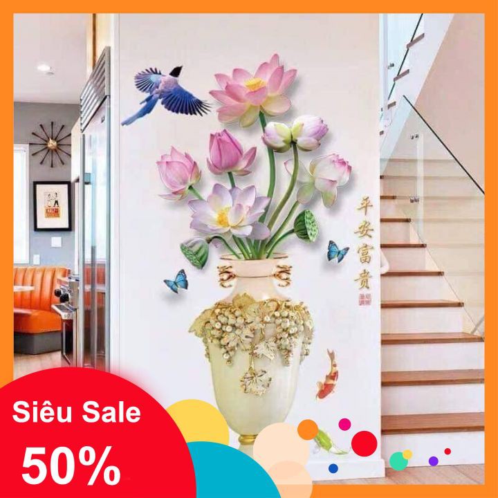 Decal dán tường bình hoa sen 3d
