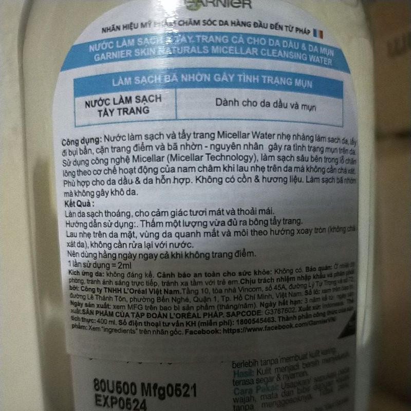 Nước tẩy trang Garnier 400ml hàng công ty