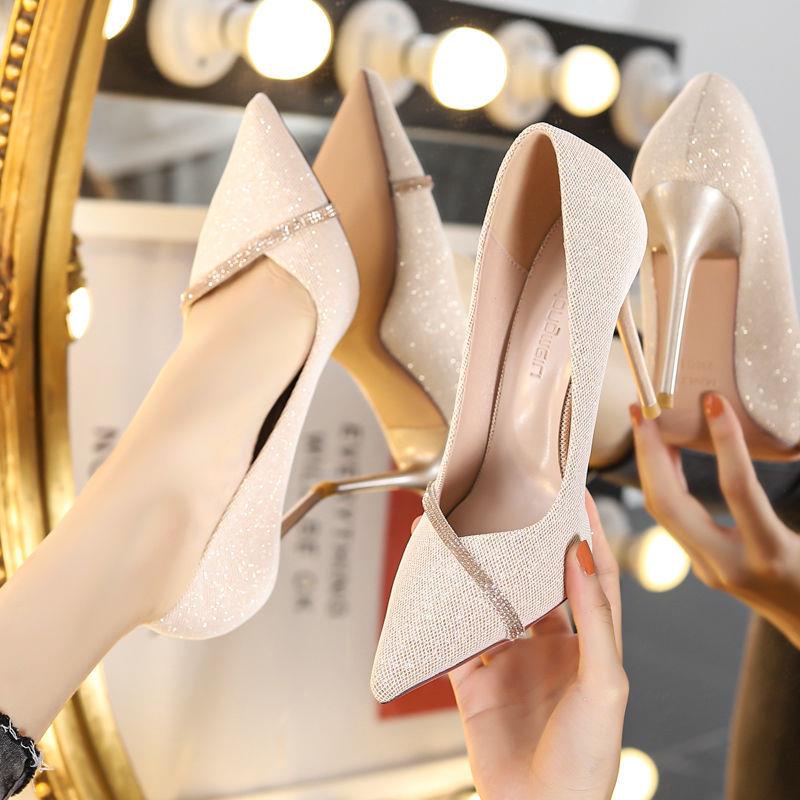 Giày cao gót mũi nhọn đính đá thời trang mùa xuân phong cách Pháp 2021 sang trọng cho nữ