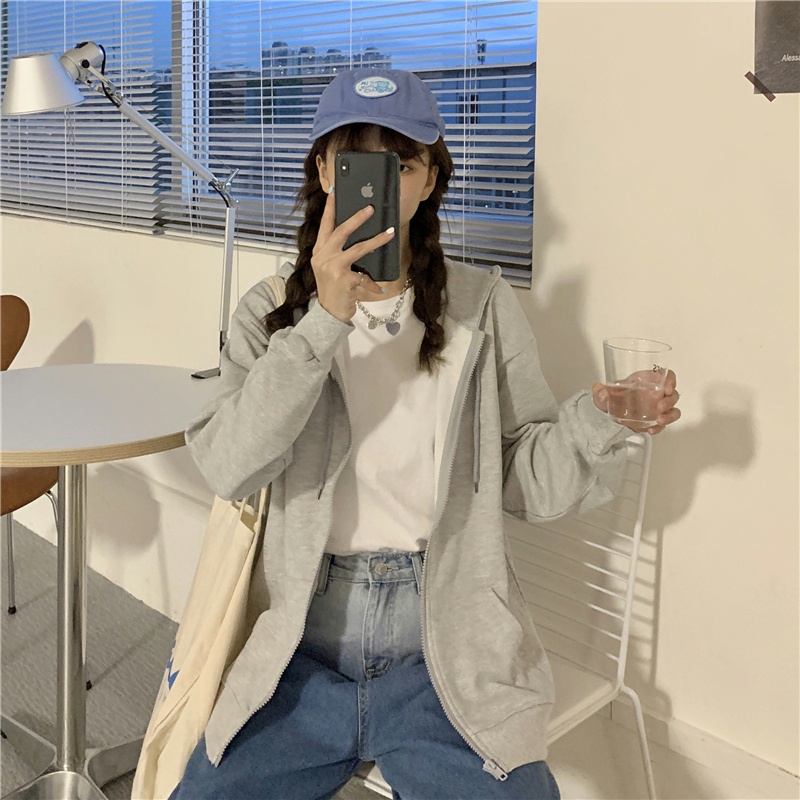 SUXI Áo Hoodie Tay Dài Dáng Rộng Màu Sắc Đơn Giản Cho Nữ