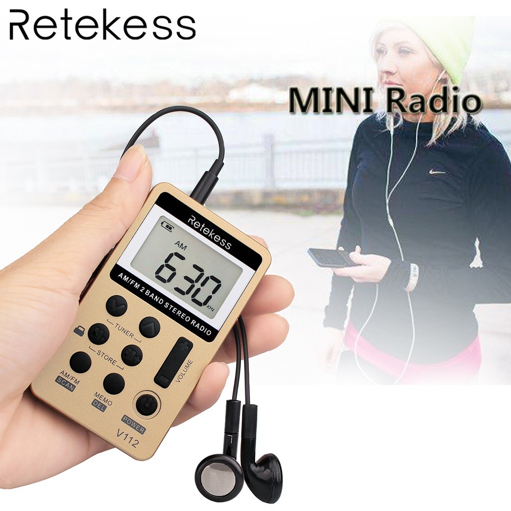 Radio AM FM Mini Bỏ Túi Retekess V112 Kèm Pin Sạc Và Tai Nghe Màu Vàng Đồng/Đỏ