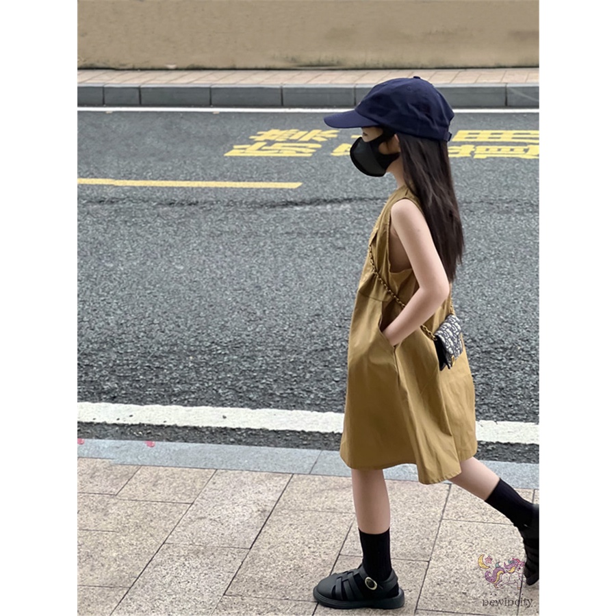 Đầm Không Tay Phối Túi Dễ Thương Thân Thiện Với Da Phong Cách Hàn Quốc Dành Cho Bé Gái