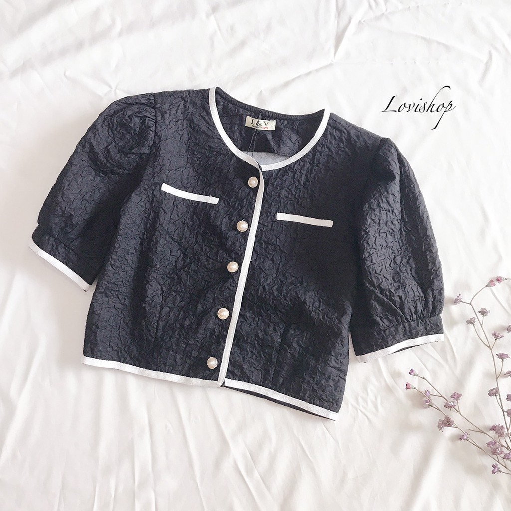 LOVI SHOP- Áo sơ mi croptop xốp tay phồng cúc ngọc viền đen trắng phong cách tiểu thư cực sang chảnh