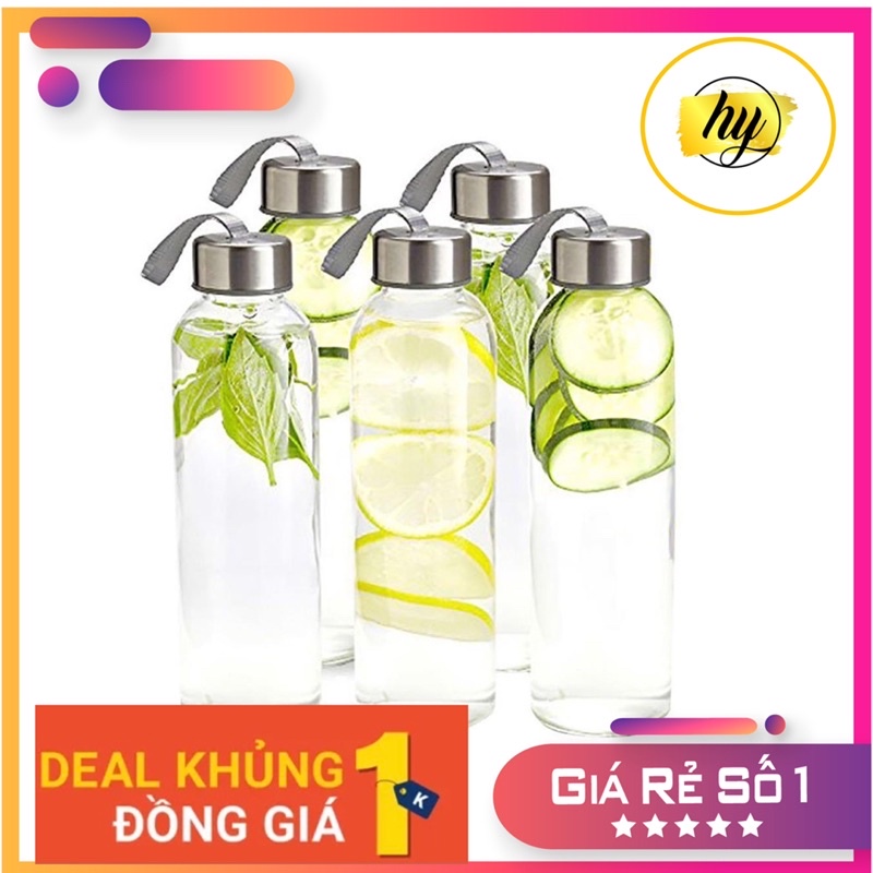 Bình Thuỷ Tinh Detox, Bình Nước Thuỷ Tinh, Chai Thuỷ Tinh Nắp Có Dây Xách 500ml